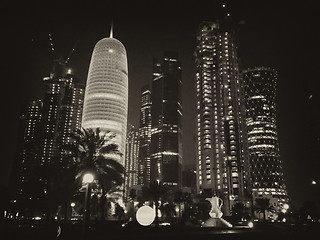 Image showing Skyscrapers Colors at Night in Doha, Qatar