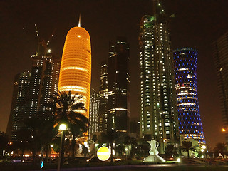 Image showing Skyscrapers Colors at Night in Doha, Qatar