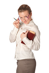 Image showing strict teacher with book and pen