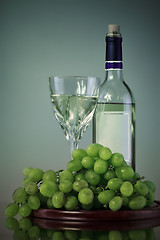 Image showing bottle and glass of wine, grape bunch