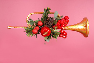 Image showing Gold horn Christmas Ornament with holly