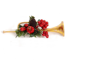 Image showing Gold horn Christmas Ornament with holly