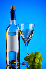 Image showing bottle and glass of wine, grape bunch