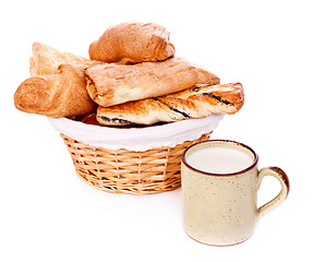 Image showing Bread Basket and Mug of Milk