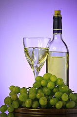 Image showing bottle and glass of wine, grape bunch