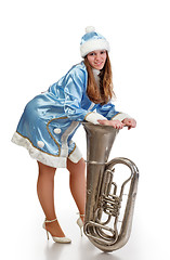 Image showing santa girl with big trumpet