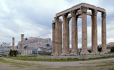 Image showing Remains of Olympieion temple with Acropolis on background