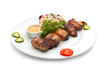 Image showing shish kebab with rice and mushrooms