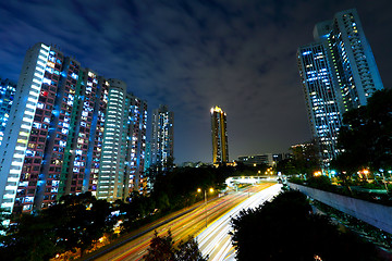 Image showing night traffic light trail and city