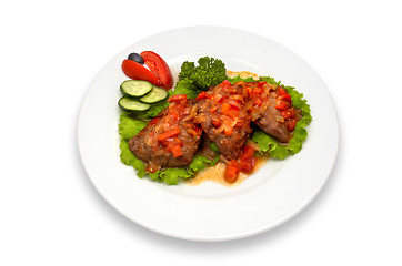 Image showing grilled veal fillet with vegetable salad sauce