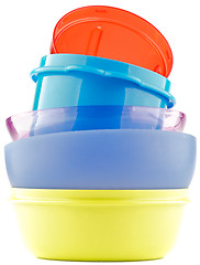 Image showing Pyramid of Colorful plastic bowls