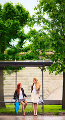 Image showing Two Girls at Bus Stop