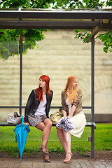 Image showing Two Girls at Bus Stop