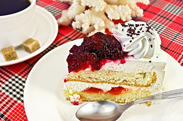 Image showing Cake in a plate with coffee and coral