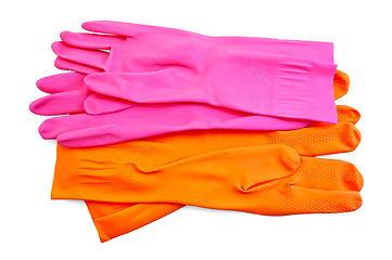 Image showing Orange and pink rubber gloves