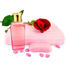 Image showing Shower gel with soap and a rose