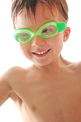 Image showing happy spoty child with swimming goggles