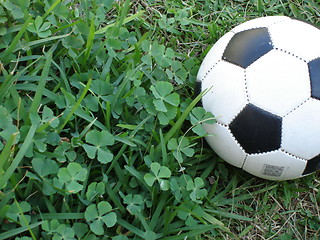 Image showing Soccer ball and good luck clovers.