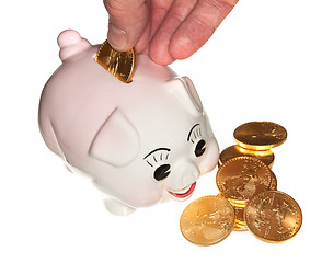 Image showing Hand placing gold coin into piggy bank