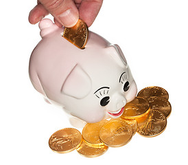 Image showing Hand placing gold coin into piggy bank