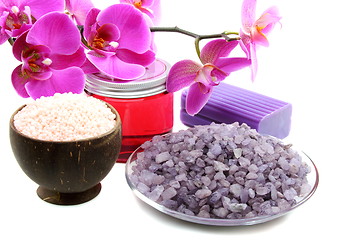 Image showing  Fresh orchid, natural scrubbing soap and salt for bath. 