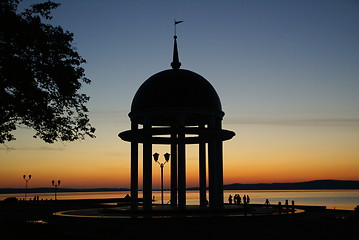 Image showing Sunset on a lake and rotonda
