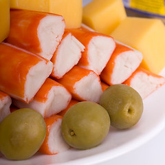 Image showing Pyramid of crab sticks 