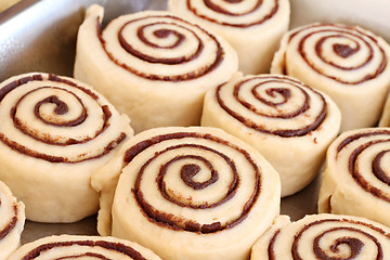 Image showing Raw cinnamon buns ready to bake with selective focus.