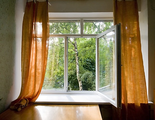 Image showing Opened plastic window in room with view to green trees