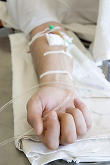 Image showing close up of a patient's hand with intravenous injection