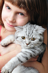 Image showing child hugging silver white cat kitten 