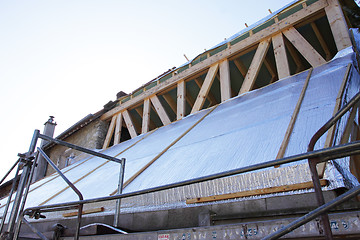 Image showing construction of the wooden frame of a roof