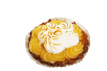 Image showing lemon tart with whipped cream on a white background