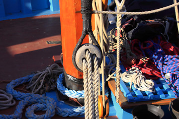 Image showing details of an old fishing boat sailing out of wood