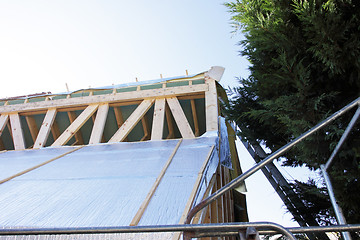 Image showing construction of the wooden frame of a roof