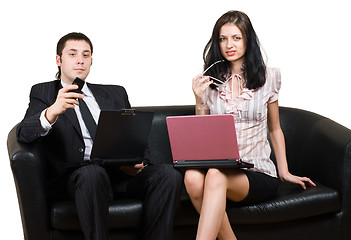 Image showing Businessmen with computers on sofa