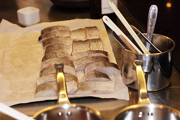 Image showing preparation of paving stones pollack grilled baby vegetables