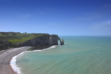 Image showing Beach with cliff Falaise d'Aval. Normandy, Cote d'Albatre, France. 