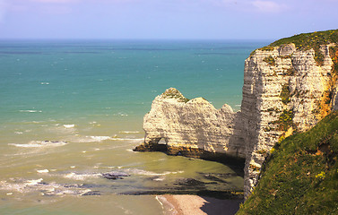 Image showing Beach with cliff Falaise d'Aval. Normandy, Cote d'Albatre, France. 