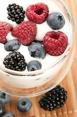 Image showing Yogurt with blueberries, raspberries and blackberries
