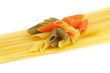 Image showing Italian pasta spaghetti and Penne rigate tricolore