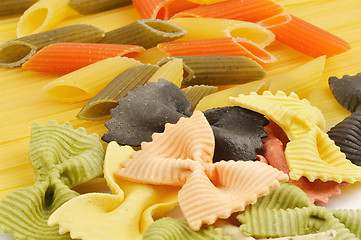 Image showing Italian pasta spaghetti, Penne rigate tricolore and farfalle