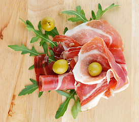 Image showing Slices of jamon and olives