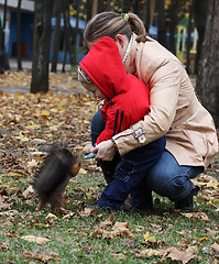 Image showing Boy feeds a squirrel