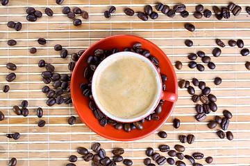 Image showing Cup of coffee with roasted beans