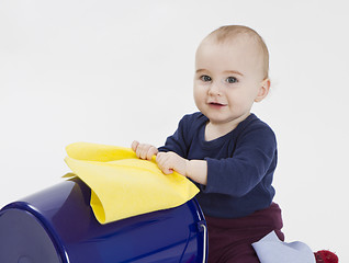 Image showing toddler with bucket and floor cloth