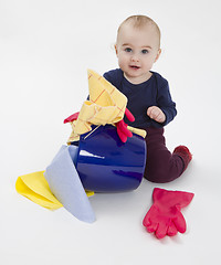 Image showing toddler with bucket and floor cloth