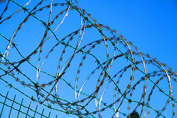 Image showing barbed wire against blue sky 