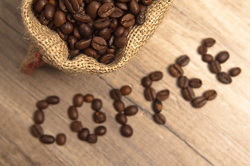 Image showing Grains of coffee on a wooden surface