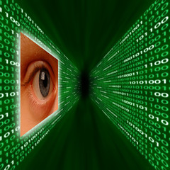 Image showing An eye monitoring a corridor of binary code